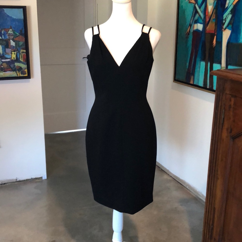 Carmen Marc Valvo Spaghetti Strap Black Crepe Cocktail Dress, Size 2